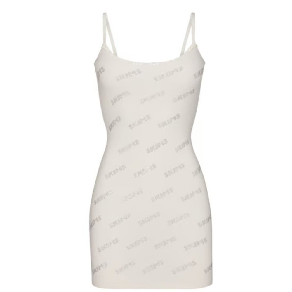 SKIMS Rhinestone Logo Pointelle Mini Slip Dress White XL